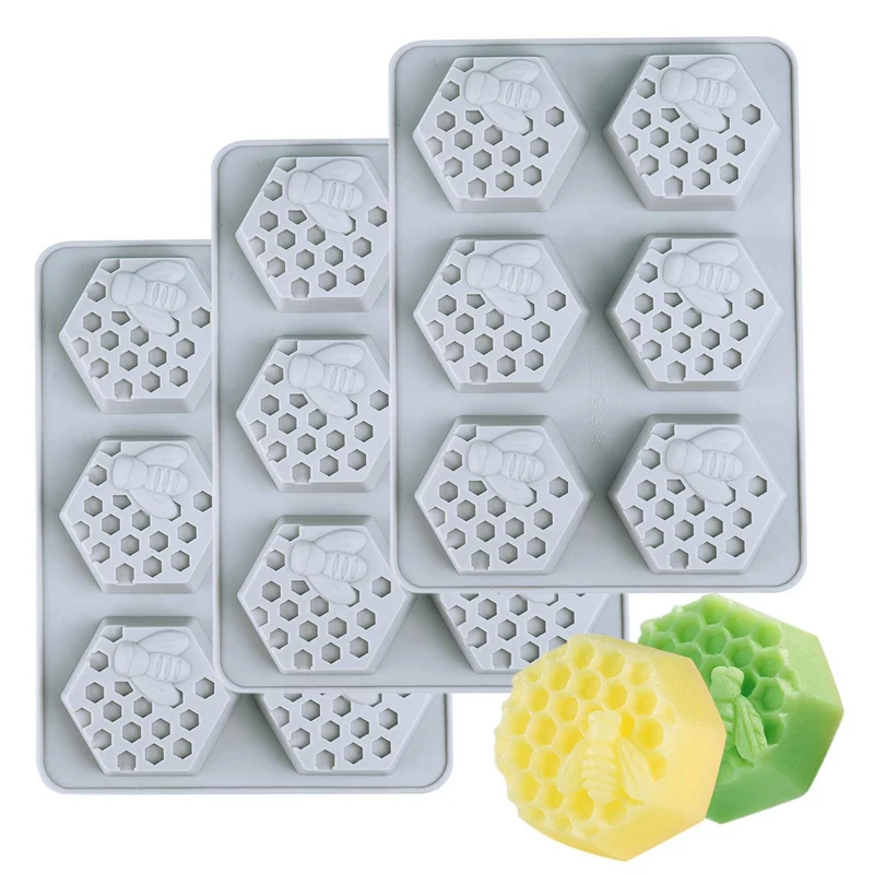 

3-Pack 6 Cavities Bee Honeycomb Silicone Soap Molds, Flexible Baking, Ice Square Tray, Easy Release