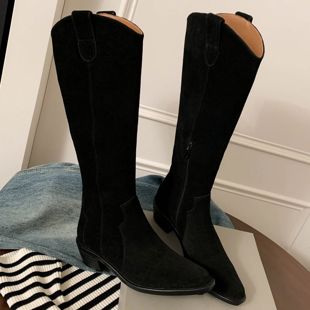 Женские осенние рыцарские сапоги до колена из натуральной замши с боковой