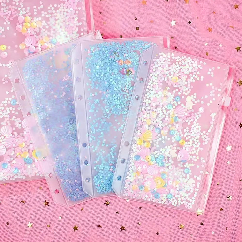 

Glitter Sequins Cute A6 A5 Inner Pocket Standard 6 Hole File Holder Notebook Binder Loose Leaf Clear Zipper Binder Storage Pouch