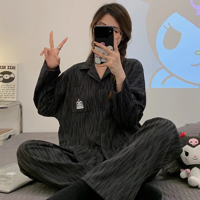 

New Sanrio Kuromi Pyjamas Kawaii Ladies Spring and Autumn Sweet Cartoon Ins Style Homewear Set Long-sleeved Long TrousersPajamas