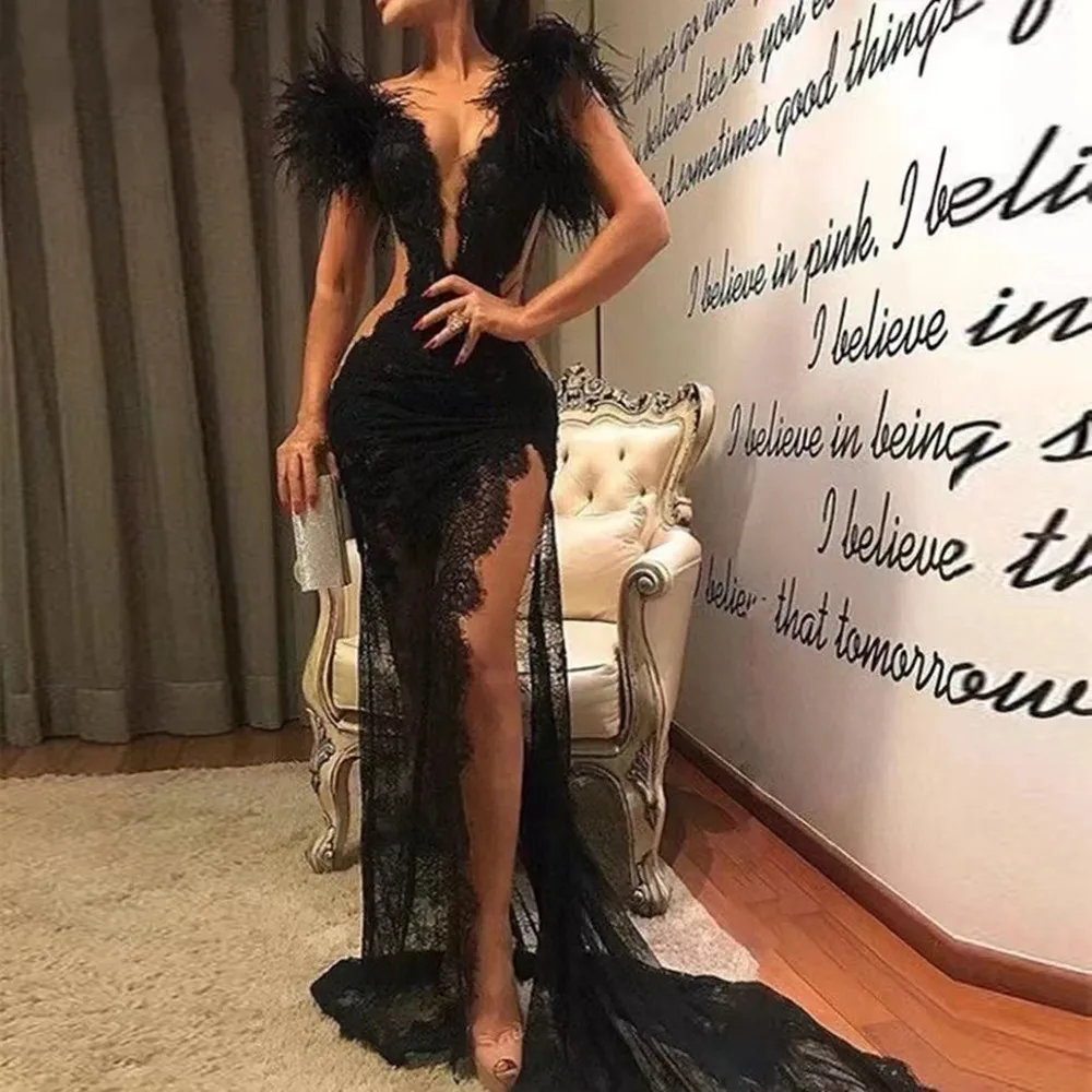 

Sexy V Neck Feather Formal Party Dress Women Lace Black Prom Dresses High Side Split Evening Gowns robes de cocktail
