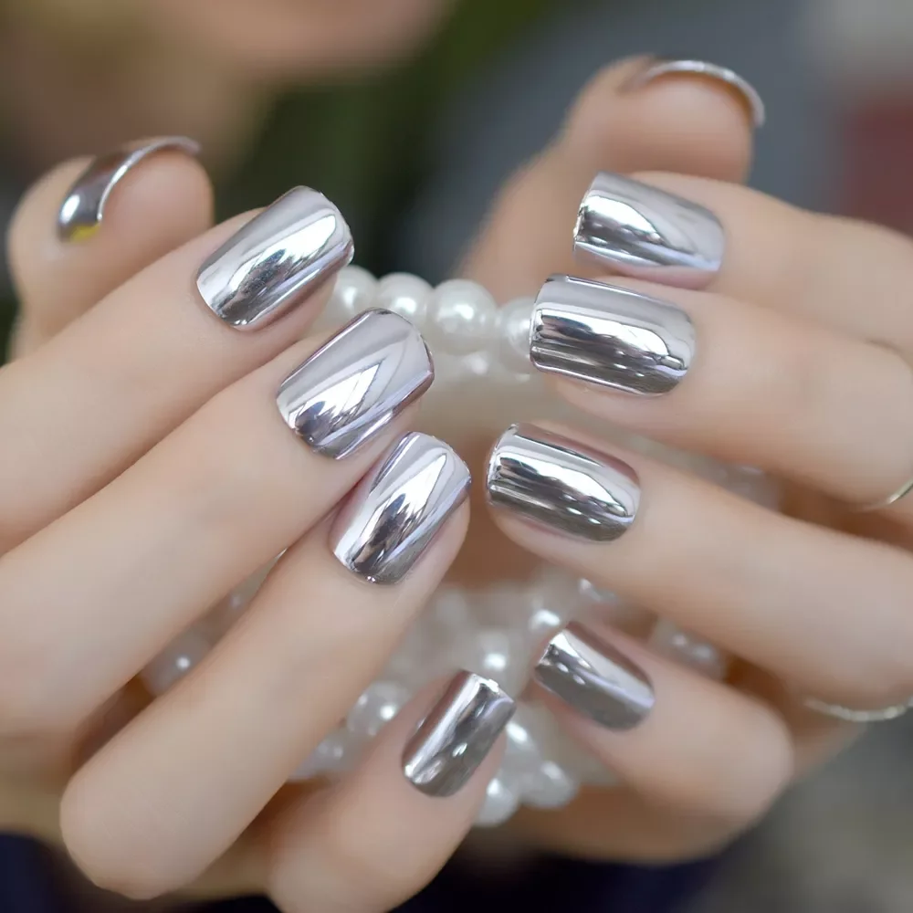 

Shiny Punk Metallic Light Purple False Fake Nails Metal Plating Acrylic Short Reflective Mirror Press on Nail Art Tips