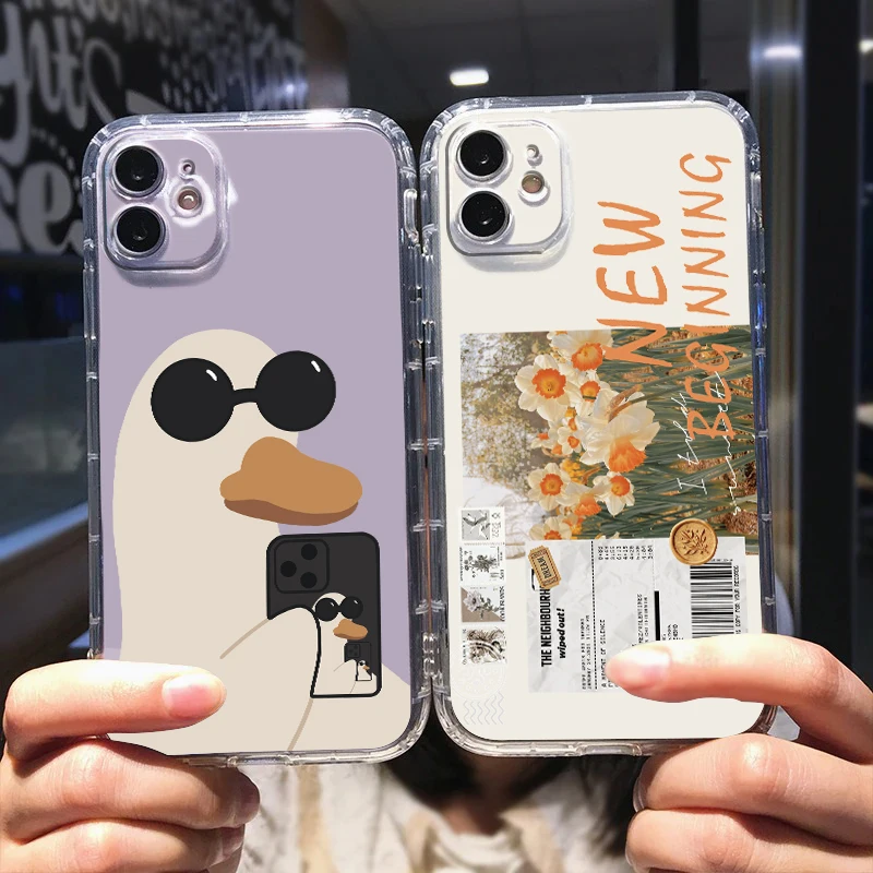 

Cute Girl Boy Couple Ducks Phone Case For Apple iPhone 14 13 12 Mini 11 XS Pro Max X XR 8 7 6 Plus 5 SE Transparent Cover
