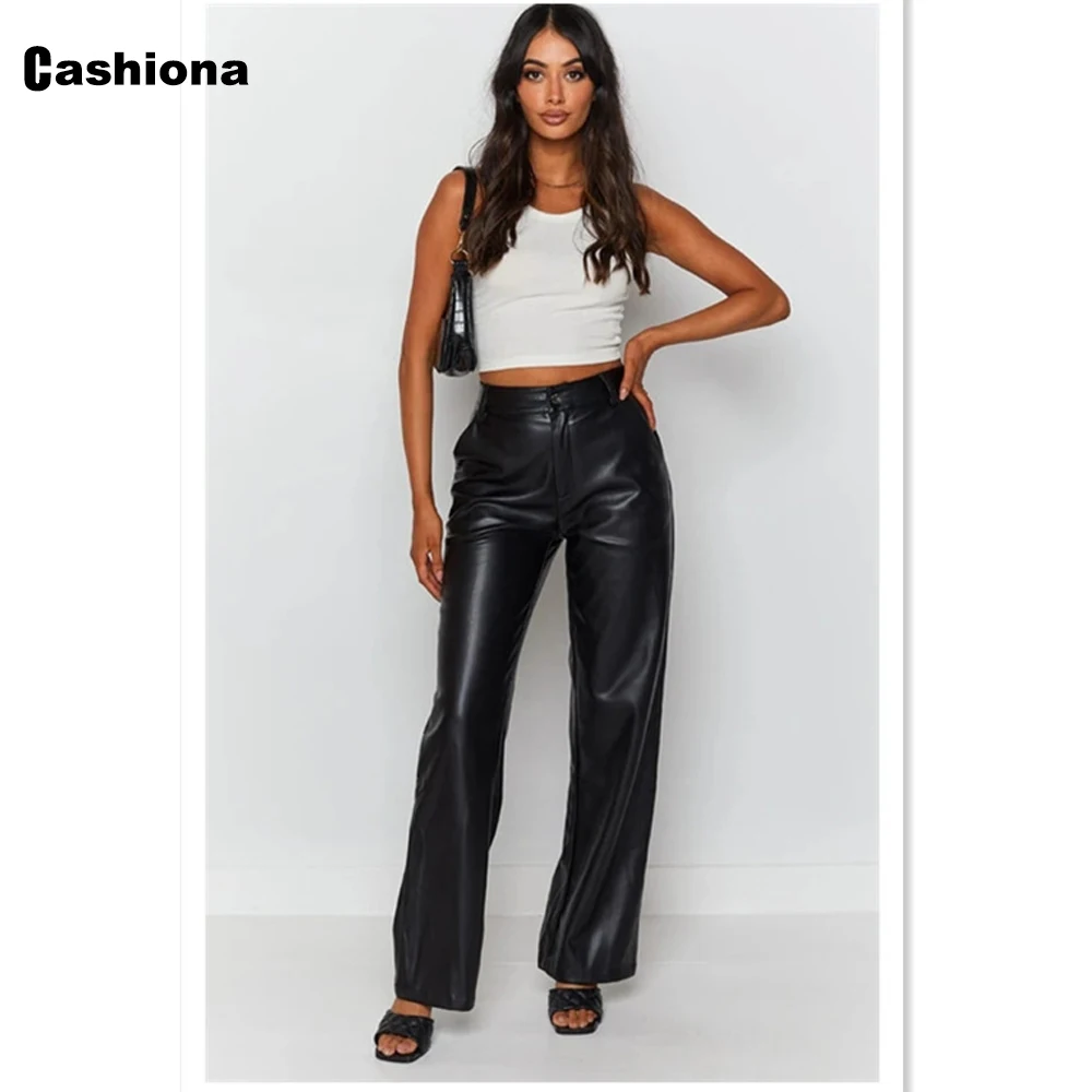 High Waist Pants Women's Faux Leather Pants Women Fashion Zipper Pockets Casual Straight Leg Pantalon Female Pu Leather Trousers