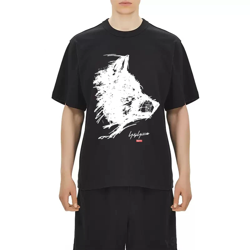

Летняя футболка Yohji Yamamoto Y3 2023, Мужская хлопковая футболка с принтом черного кота и коротким рукавом, топы для мужчин и женщин, футболка