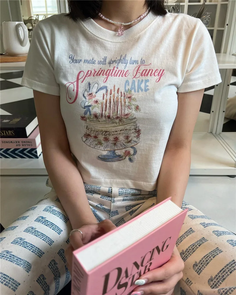 

Cake Print Fashion Women Tees Summer Short Sleeves Lady Crop T-Shirt Tops