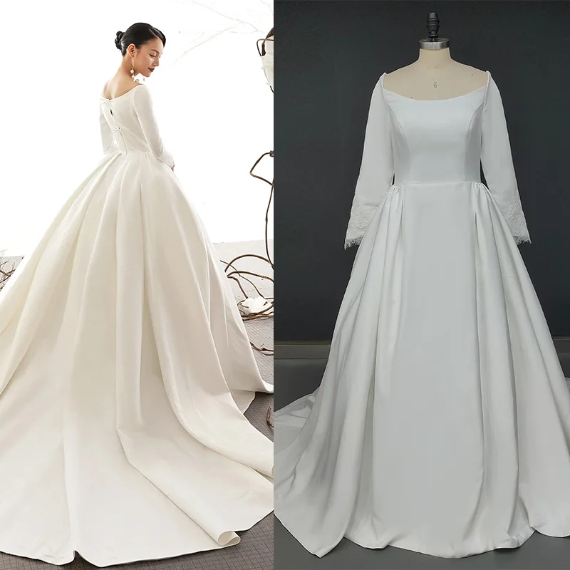 

6846#Elegant Simple Boat-Neck Long Sleeves Royal Train Satin Puffy Pleating Lace Ball Gown Wedding Dress Bridal Gown
