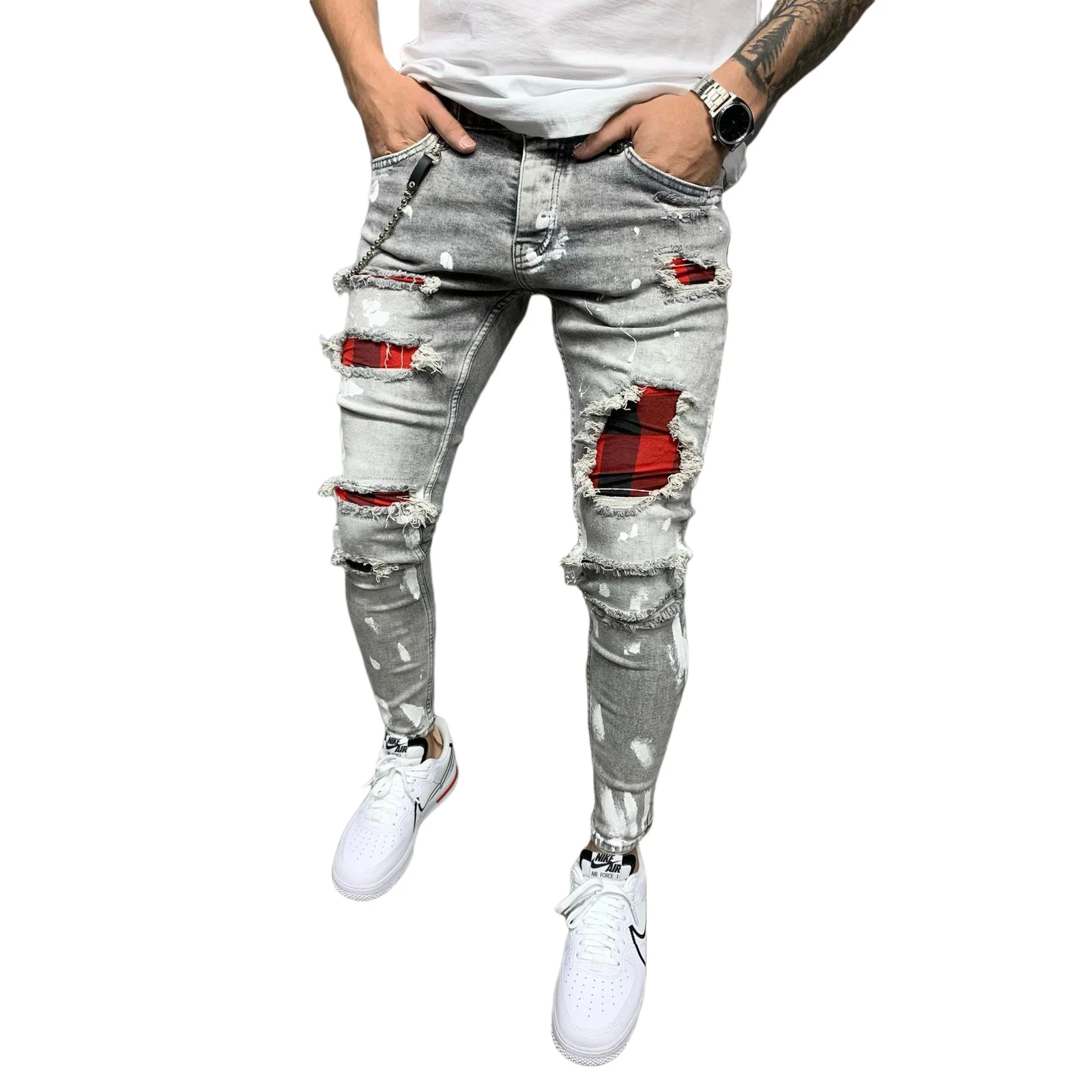 

Men\u2019 s Ripped Jeans, Boys High Waist Trousers Close-Fitting Pants for Spring Fall, Black/Blue/Gray S/M/L/XL/XXL/XXXL