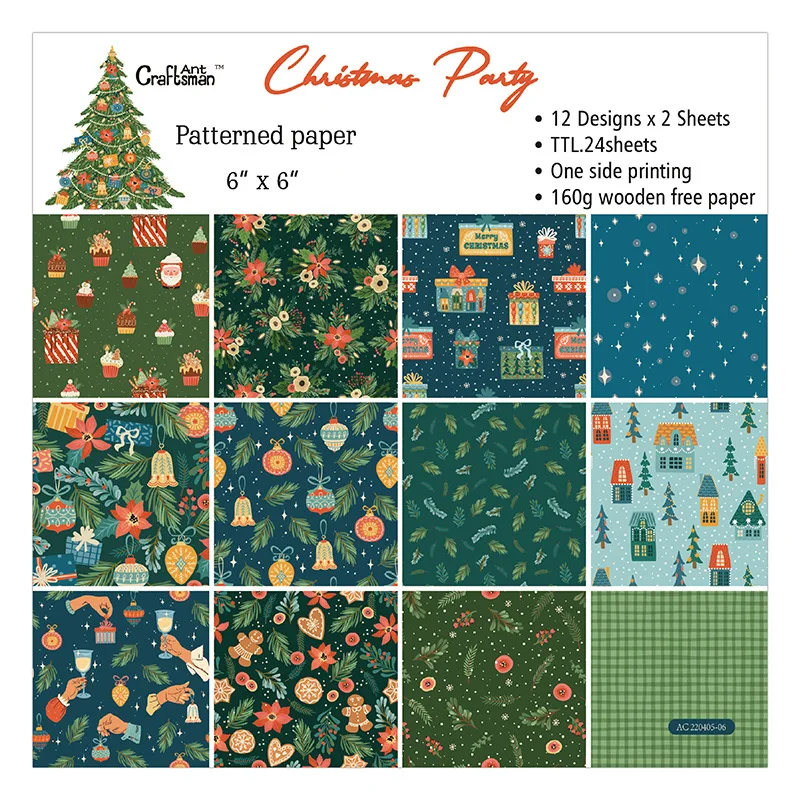 

Merry Christmas party Scrapbook Paper Pad 6"×6” 24 Sheets Single-Sided Pattern Paper Planner Paper Junk Journal Craft Paper