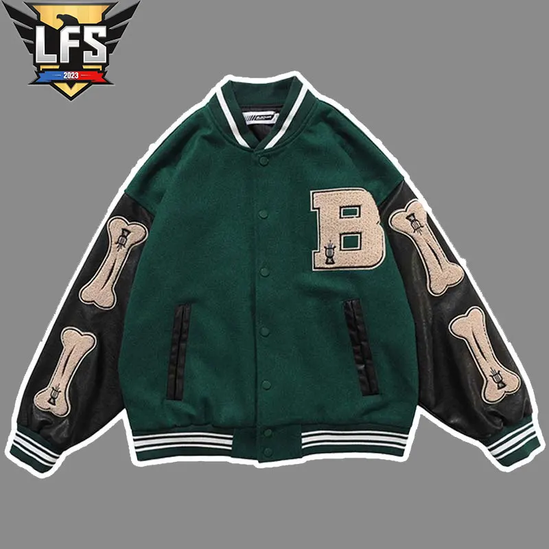 

Letter Color Block Varsity Jacket Mens Harajuku Streetwear Bomber Coats Unisex Hip Hop Patchwork Baseball Jackets Men Furry Bone