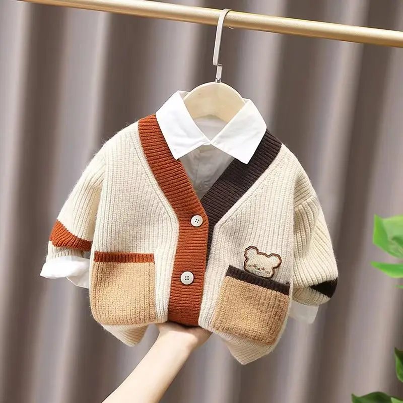 

Children's Cartoon Pocket Knitted Cardigan for Boys and Girls 2022 Autumn and Winter Baby Thickened Sweater Kids Coat