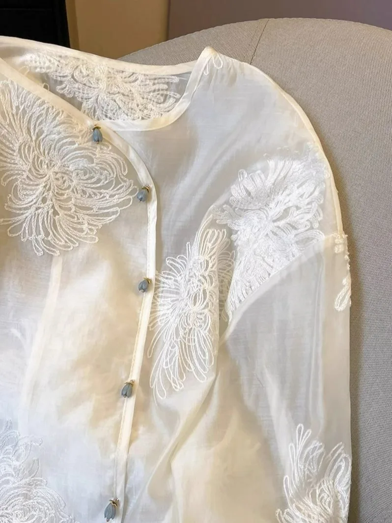 Шифоновые женские блузки в китайском стиле летние рубашки с вышивкой и круглым