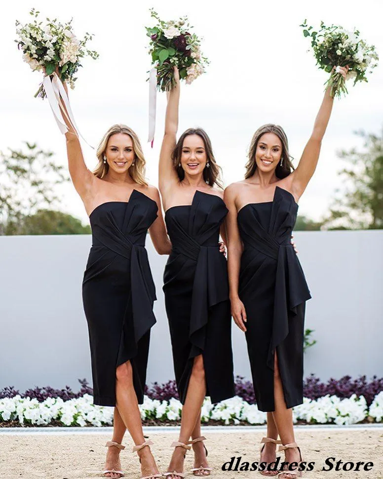 

Strapless Short Bridesmaid Dresses Ruched Split Tea Length Wedding Guest Party Bridesmaids Of Honor Dresses Custom Made