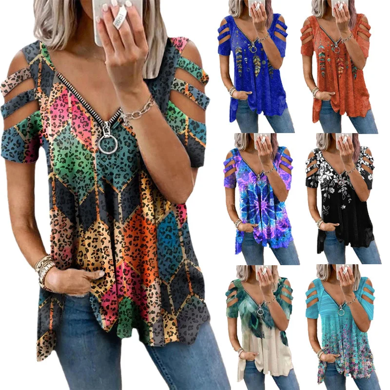 

2022 Summer Print V-neck Zipper Tops Female Off Shoulder Short Sleeve T-shirt Causal Loose Pullover Vintage Women Tshirt