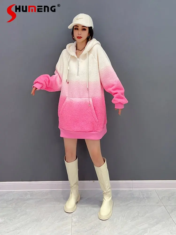 European 2022 Winter New Korean Style Fashion Trend Color Stitching Hoodie Top Women's Elegant Chic Lambswool Hooded Sweatshirt