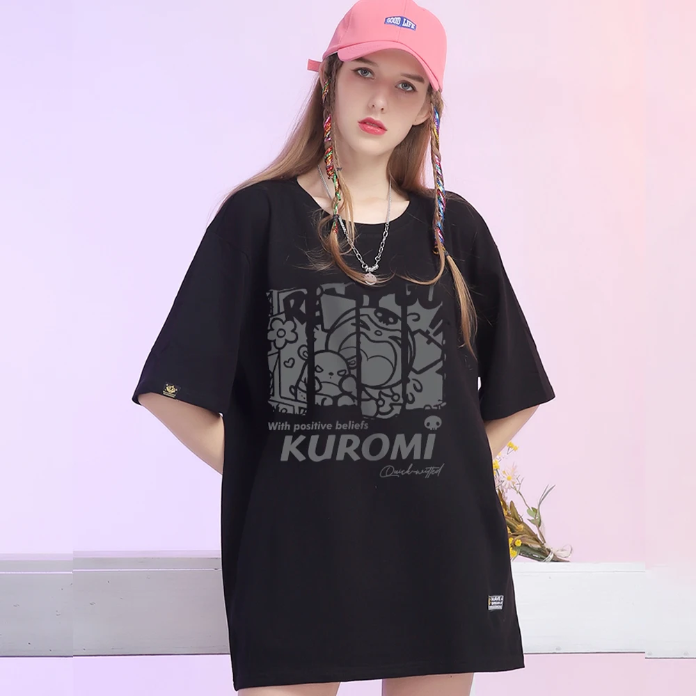 

Футболка Sanrio Kuromi, милый летний топ в стиле аниме, свободного покроя, для студенток и девушек, брендовая уличная одежда