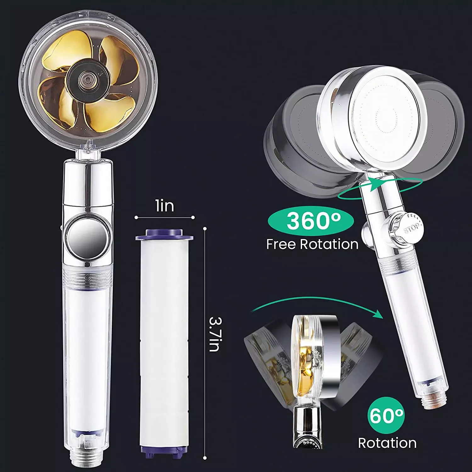 

Turbo Propeller Water Saving Shower Head and Holder High Preassure Showerhead Rainfall with Fan Bathroom Accessories