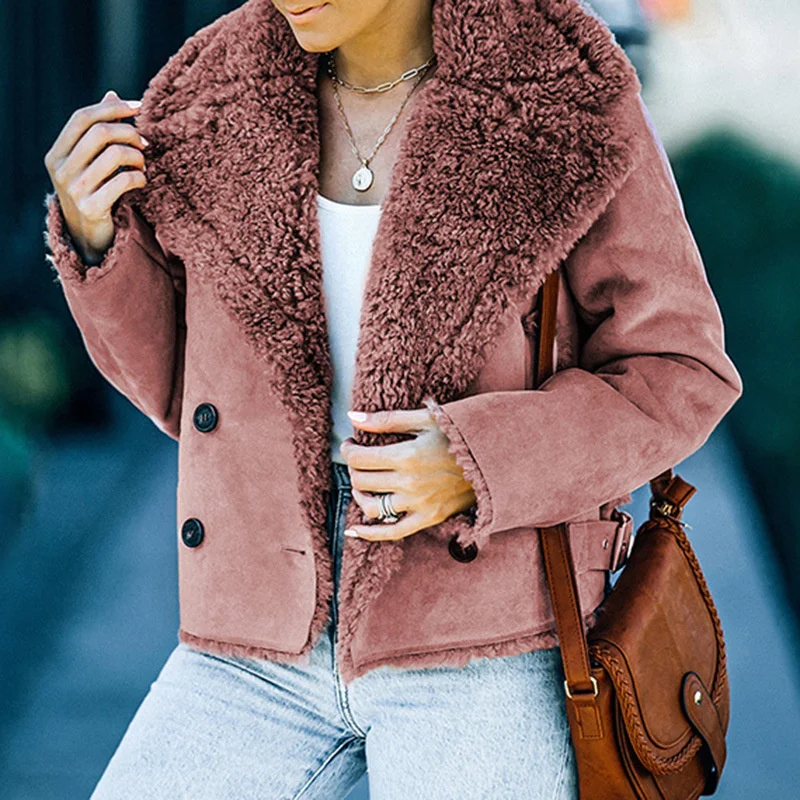 

Fashion Women Jacket Long Sleeve Solid Color Fake Fur Patchwork Double Breasted Western Style OL Commuter Ladies Autumn Jacket