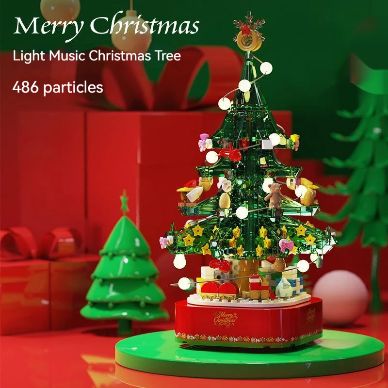 

Christmas Tree Theme Rotating Music Box Building Blocks Doll Machine City Friends Snow House Santa Claus Bricks Toy For Children