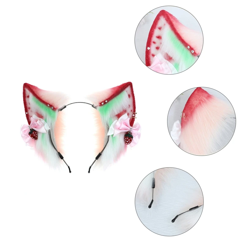 

All-match Simulation Animal Strawberry Cat Ears Plush Headdress Cosplay Props Headband with Bowknot for Themed Party