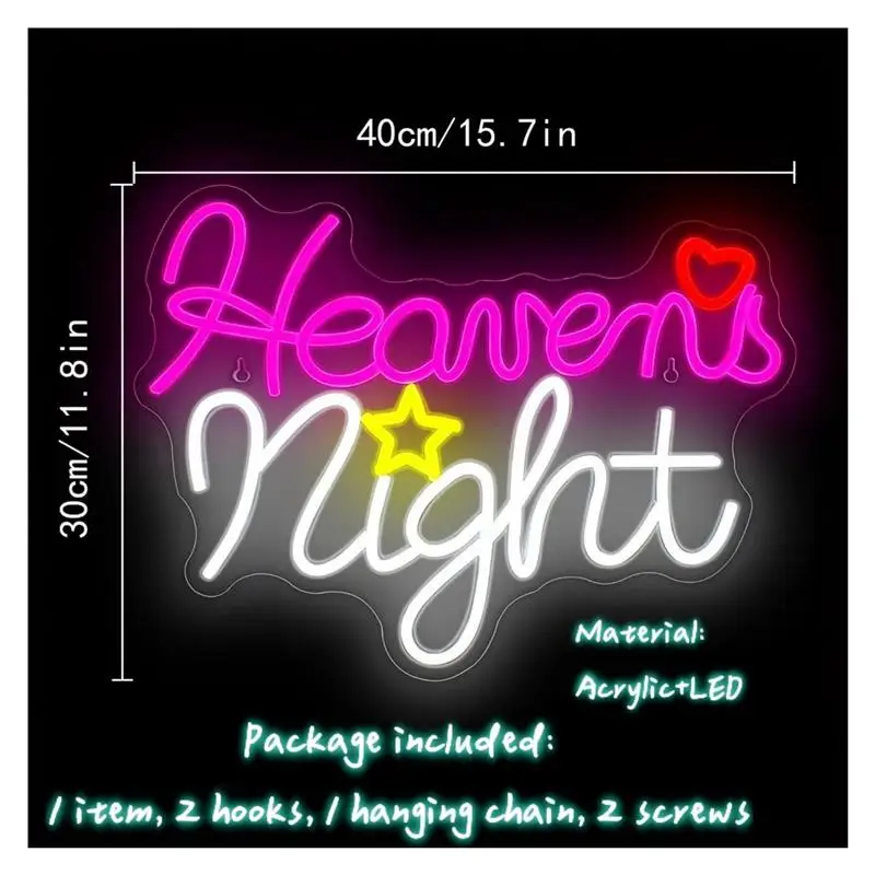 Фото Неоновая вывеска Heaven Night, розовые и белые световые буквы для дома, бара, вечеринки, клуба, украшения стены, лампа с регулируемой яркостью, 30 см × 40 см №3