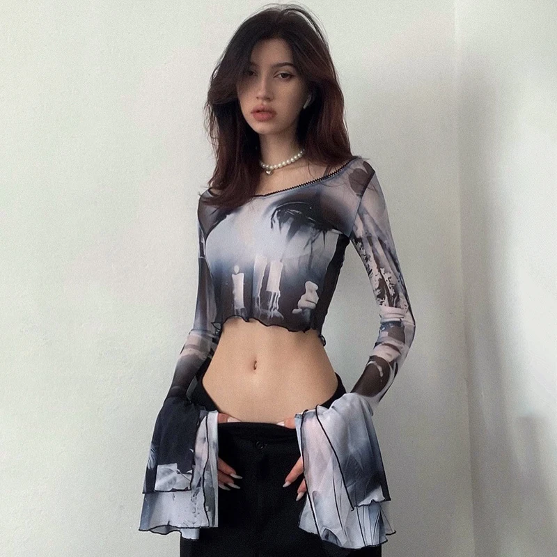 

HOTCY Print Long Flare Sleeves O Neck See Through Sexy Crop Top 2022 Women Fashion Slim Party Club Fairy T Shirt