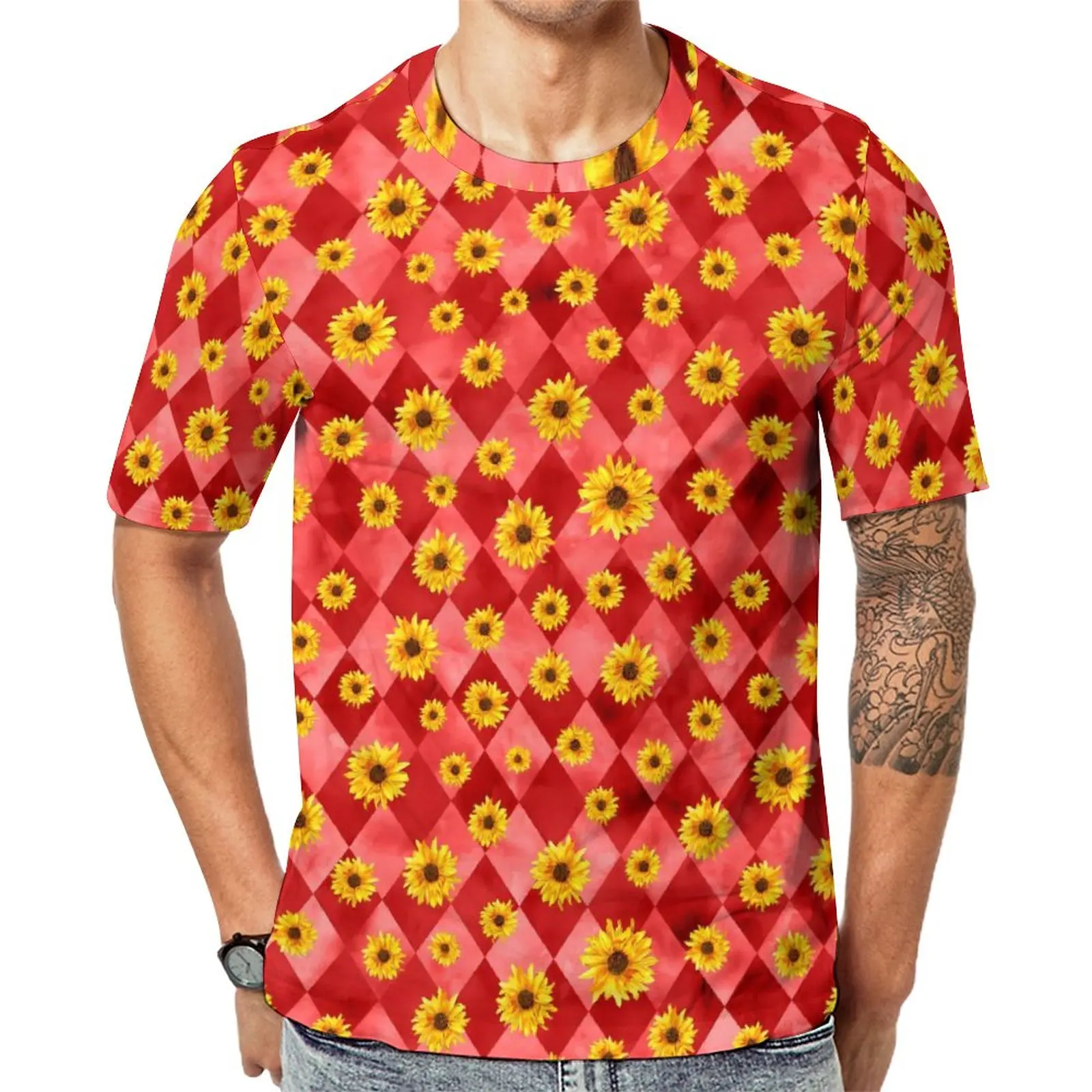 

Sunflower Design T Shirt Men Red Skulls Fun T Shirts Beach Trending Tee Shirt Short Sleeves Custom Oversized Tops