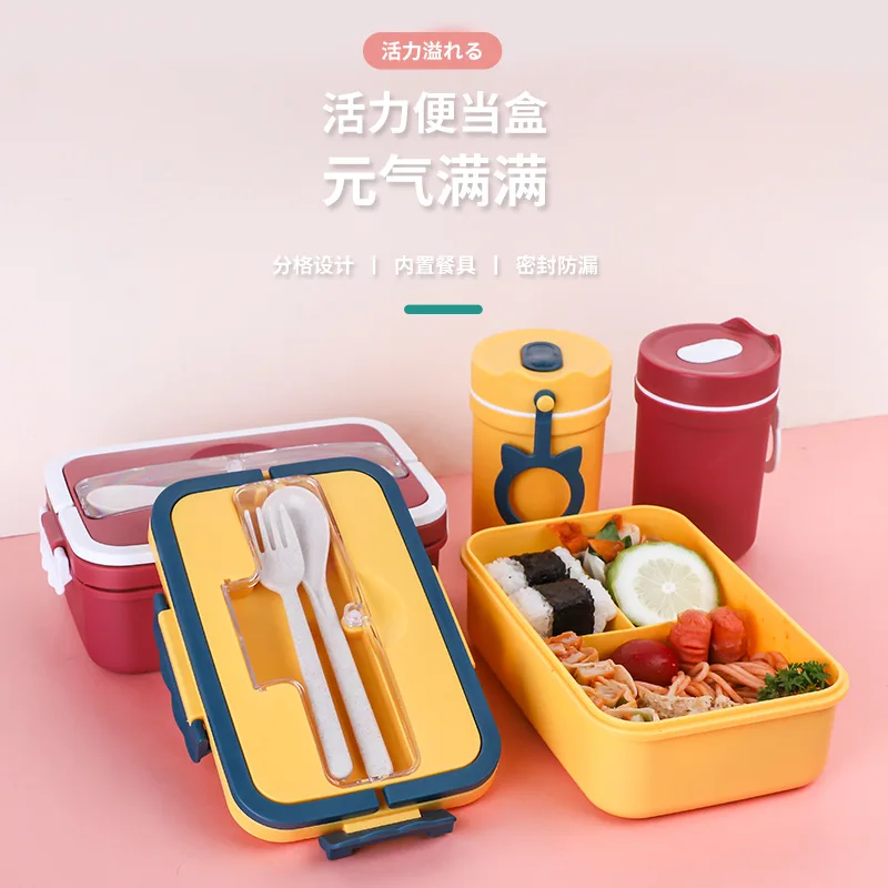 

1000ML Microwave Lunch Box with Spoon Chopsticks Fork Wheat Straw Dinnerware Food Storage Children School Office Bento Box