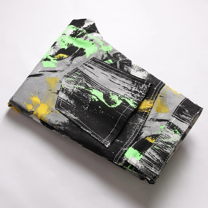 Mens Casual Jeans Mid Waist Trousers Oil Painting Rendering Style Slim Stretch Digital Printing malePencil Pants