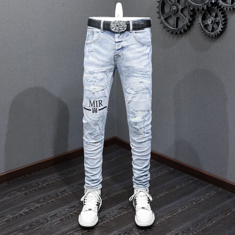 

High Street Fashion Men Jeans Retro Light Blue Stretch Skinny Ripped Jeans Men Embroidery Patched Designer Hip Hop Brand Pants