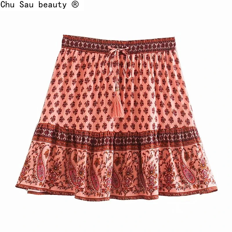Женская мини-юбка в стиле бохо винтажная юбка с цветочным принтом на шнуровке
