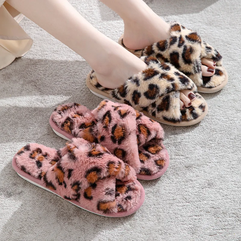 2023  Women's Cross Fur Leopard Winter Slipper Home Shoes For Female  Indoor House Floor Slippers