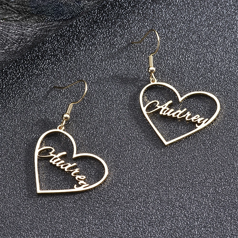 

Personality Custom Heart Name Earrings Stainless Steel Love Nameplate Pendant Ear Stud For Women Jewelry Birthday Gift