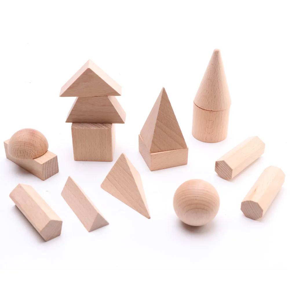 

15pcs 3D Shapes Teaching Math Educational Toy Wooden Building Blocks Stacking For Kids Gift Geometry Solids Cognitive Montessori