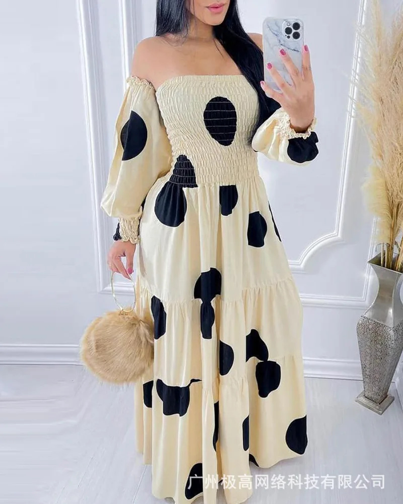 

Beige Wave Dot Dress Temperament Elegant Skirt Off Shouder Dresses