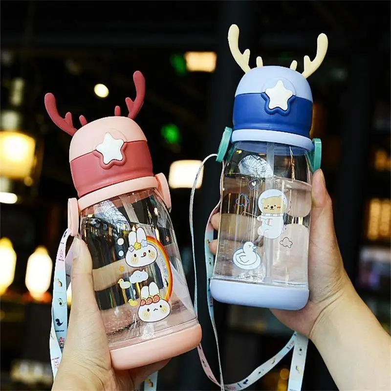 

C2 600ml Cartoon Creative Water Bottle Children'S Portable Transparent Plastic Travel Tea Cup Straw Cup Male And Female Student