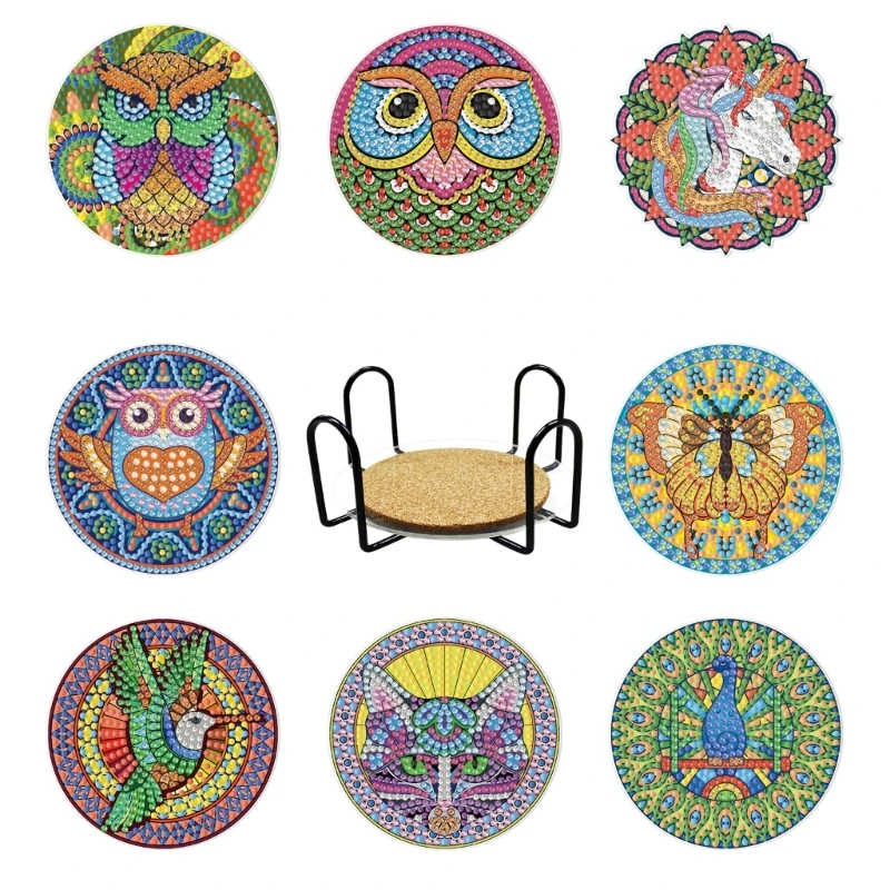 

8Pcs Animal Round Coasters DIY Heat Resistant Reusable Coffee Table Diamonds