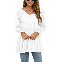 autumn womens casual puff sleeve loose t shirts solid color pleated tunic patchwork blouses tops v neck female pullover clothes