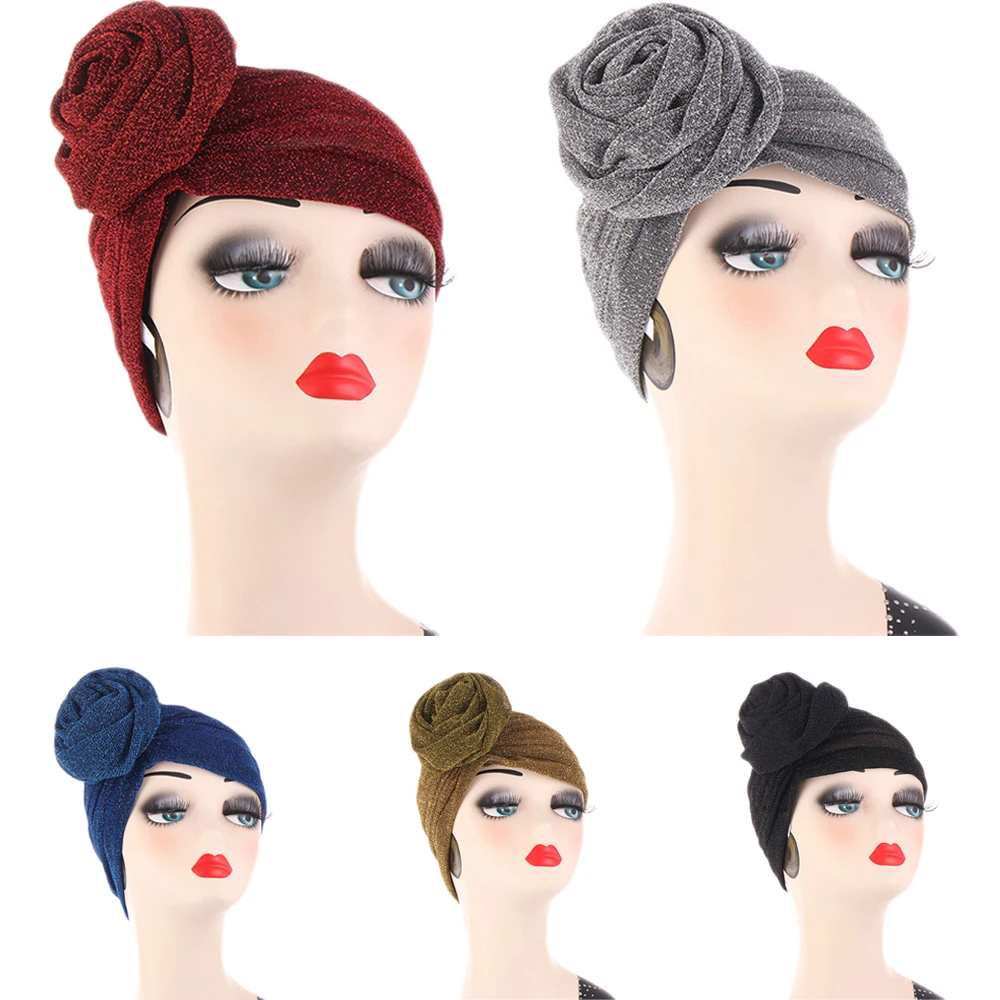 

Women Muslim Hijab Shiny Glitter Indian Bonnet Chemo Cap Flower Underscarf Inner Hat Cancer Beanies Turbante Cover Headwear Wrap