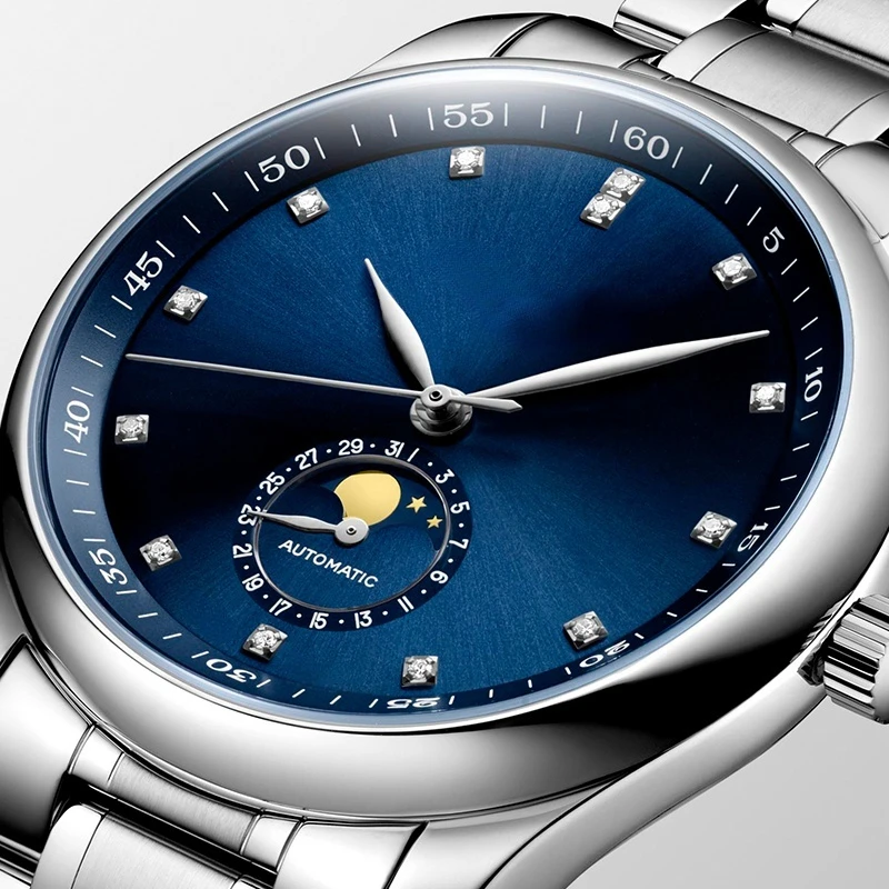 

Новые официальные оригинальные мужские механические часы серии master, часы с синим циферблатом, наручные часы moonphase