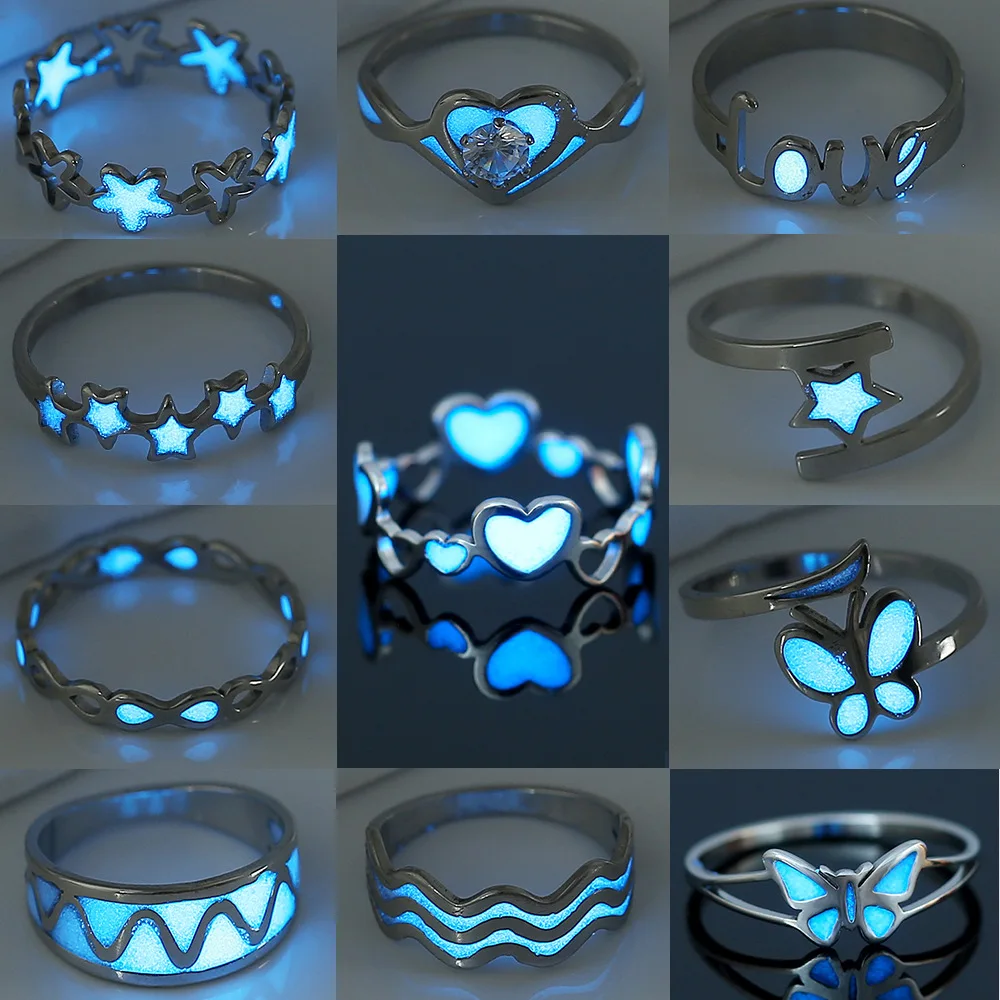 

New Stainless Steel Luminous Hollow Out Design Star Finger Rings For Couples Glow In Dark Birthday Gift Love Band Ring Jewelry
