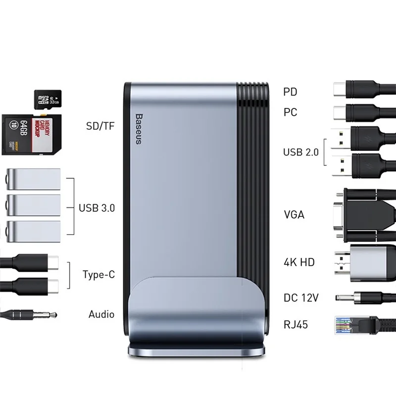 

USB-концентратор Baseus с 16 портами на USB 3,0, 4K, RJ45, VGA, DC