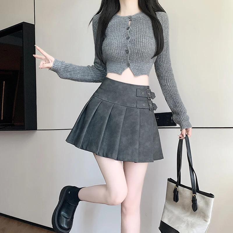 Плиссированные короткие юбки в стиле ретро для девочек Осенние однотонные из