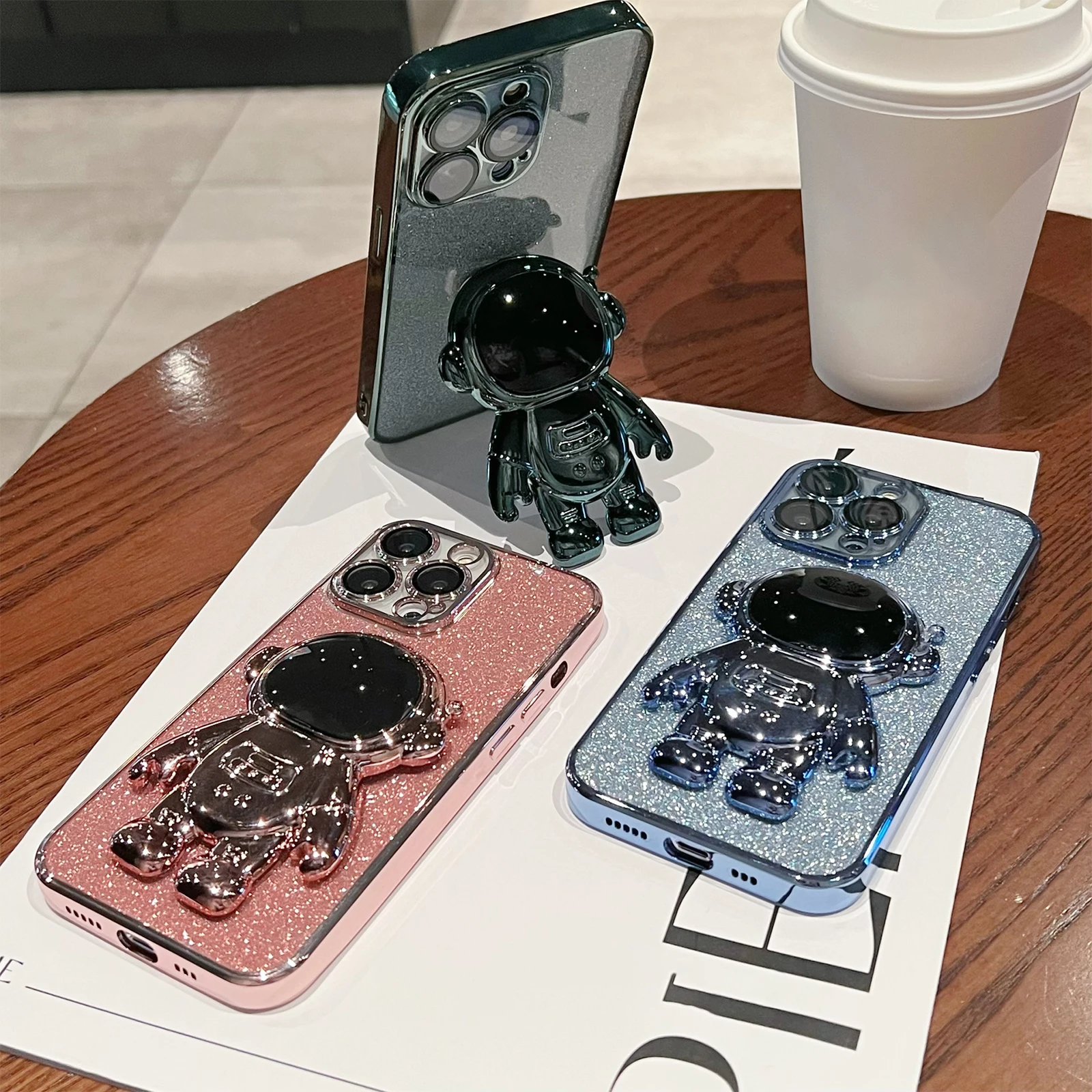 

Luxury Glitter Clear Plating Case for iPhone 14 Pro Max Astronaut Fold Kickstand Holder Case Shockproof Cover for iPhone 14 Plus
