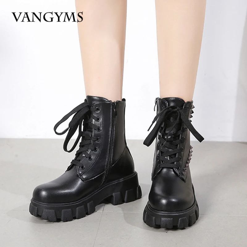 

Women's Mid-boots Punk Style Round Toe Mid-heel Ankle Boots Rivets Decorated Side Zip Casual Women's Boots Botas De Mujer