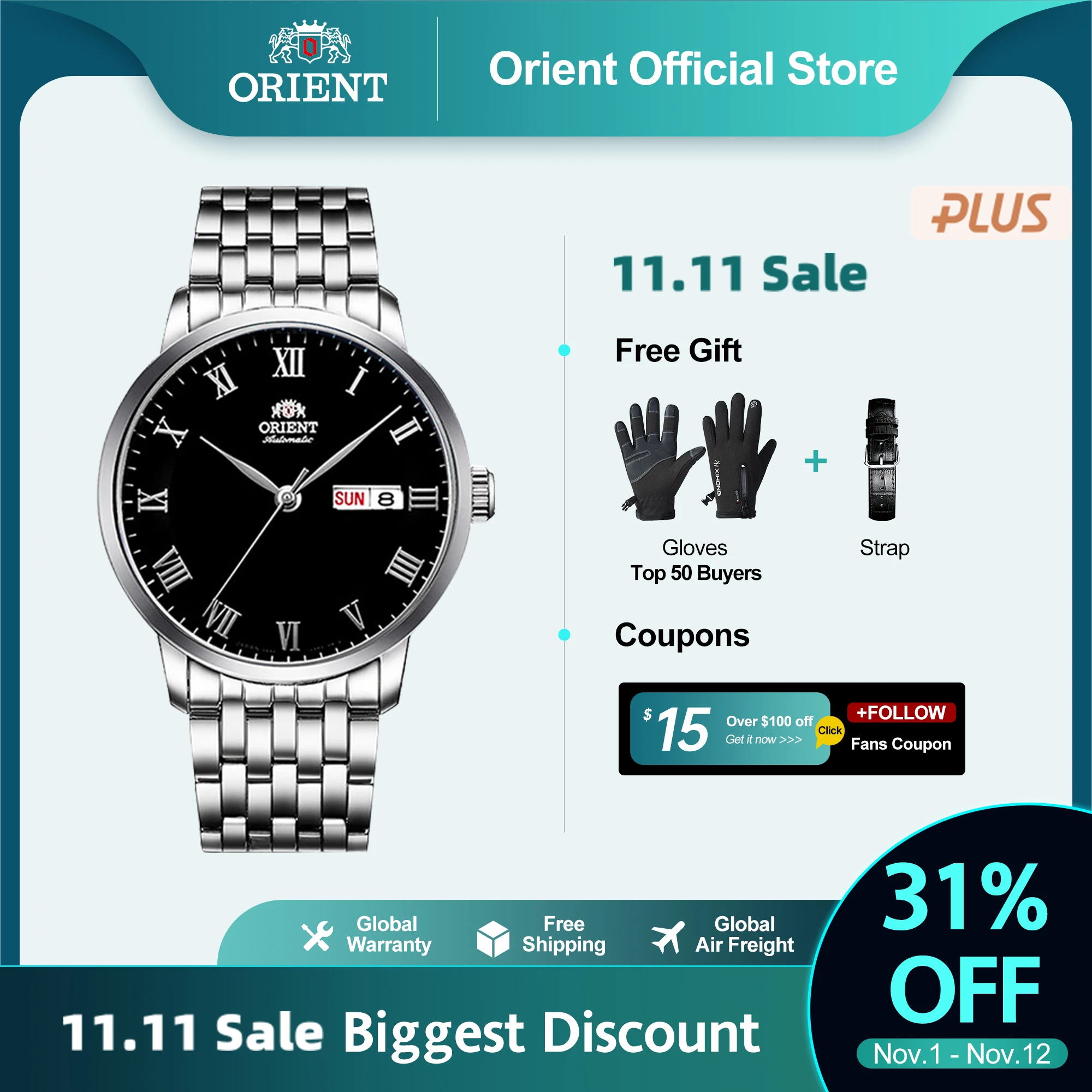 

Original Orient Mechanical Man Watch, Japanese Business Watch Day&Date Calendar 3D Dial Roman Numerals See-Through Case Back