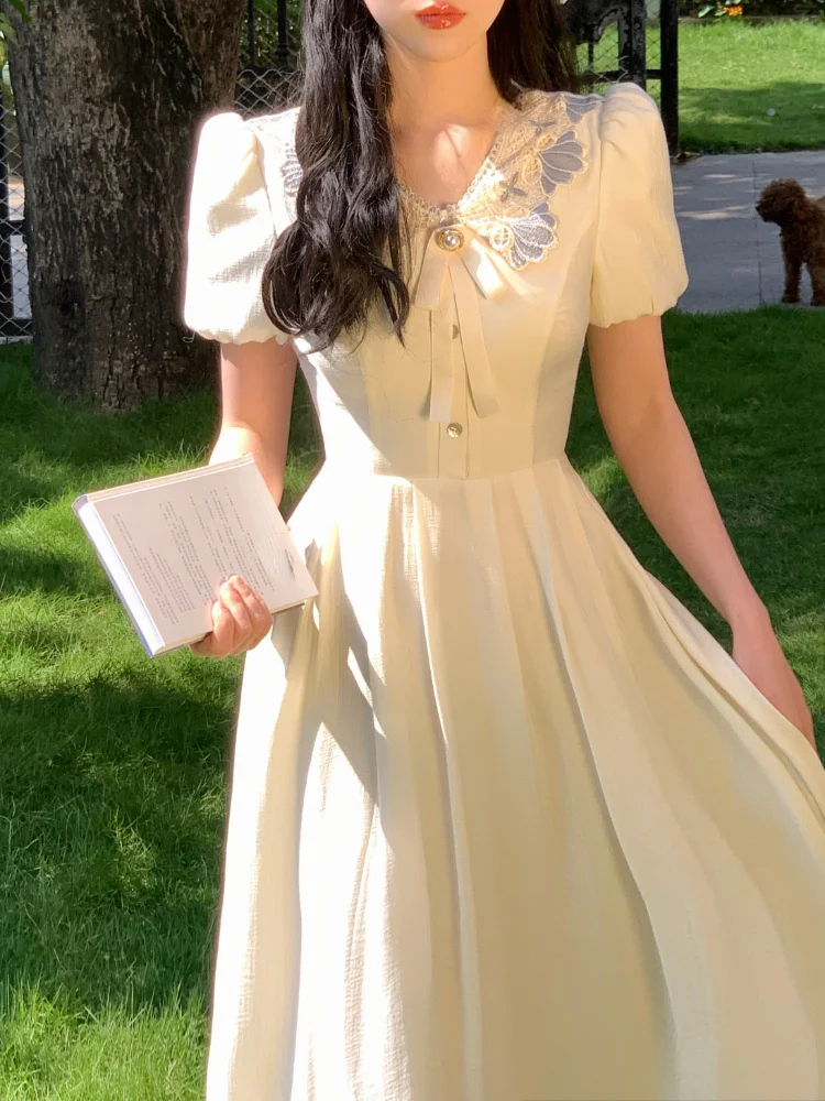 

Женское платье с коротким рукавом, Элегантное повседневное приталенное платье средней длины во французском стиле, корейская мода, лето 2023