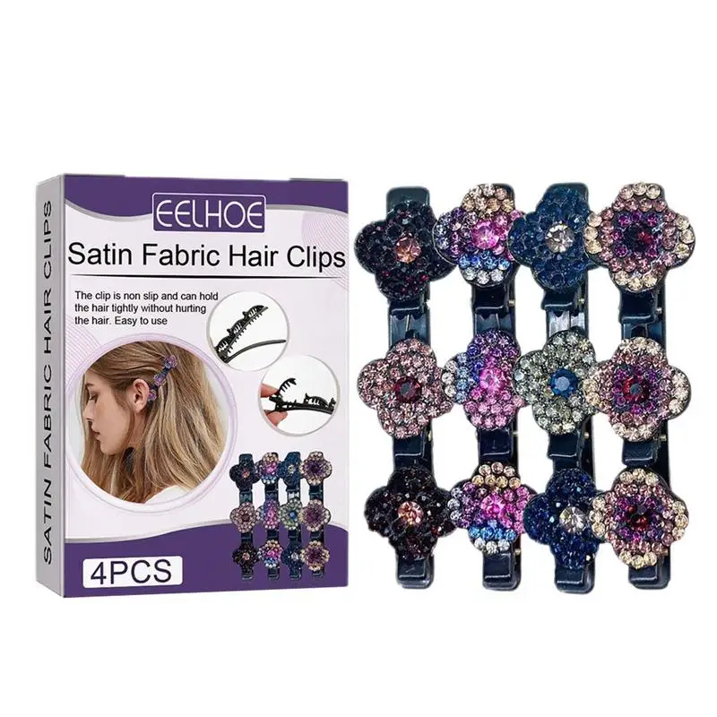 

4Pcs Sparkling Crystal Stone Braided Hair Clips Satin Fabric Hair Bands Rhinestone Hair Clips Clover Braided Hair Clips