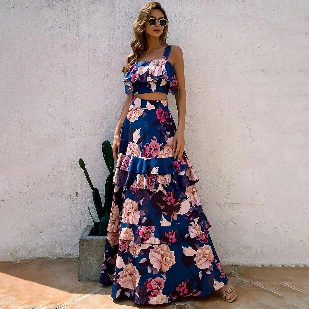 

2022 Women Summer Boho Beach Two Piece Set Crop Top Floral Print Layered Cascading Ruffle Sleeveless Backless Long Maxi Dress