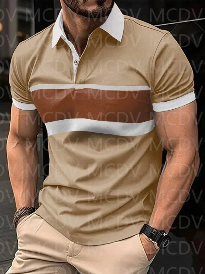 Повседневная модная мужская рубашка-поло в контрастную полоску с 3D принтом